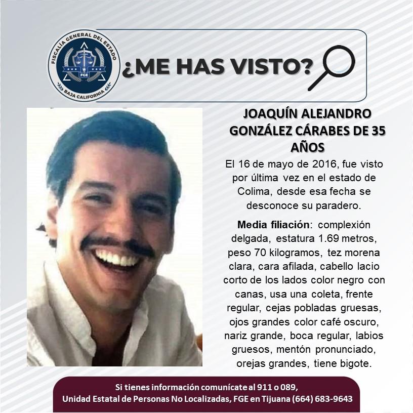Servicio social: Se busca a Joaquín Alejandro González Cárabes de 35 años de edad