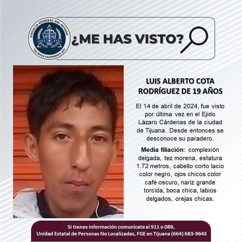 Servicio social: Se busca a Luis Alberto Cota Rodríguez de 19 años de edad