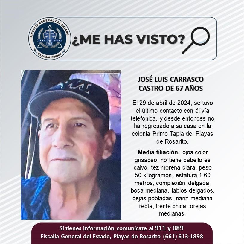 Servicio social: Se busca a José Luis Carrasco Castro de 67 años de edad