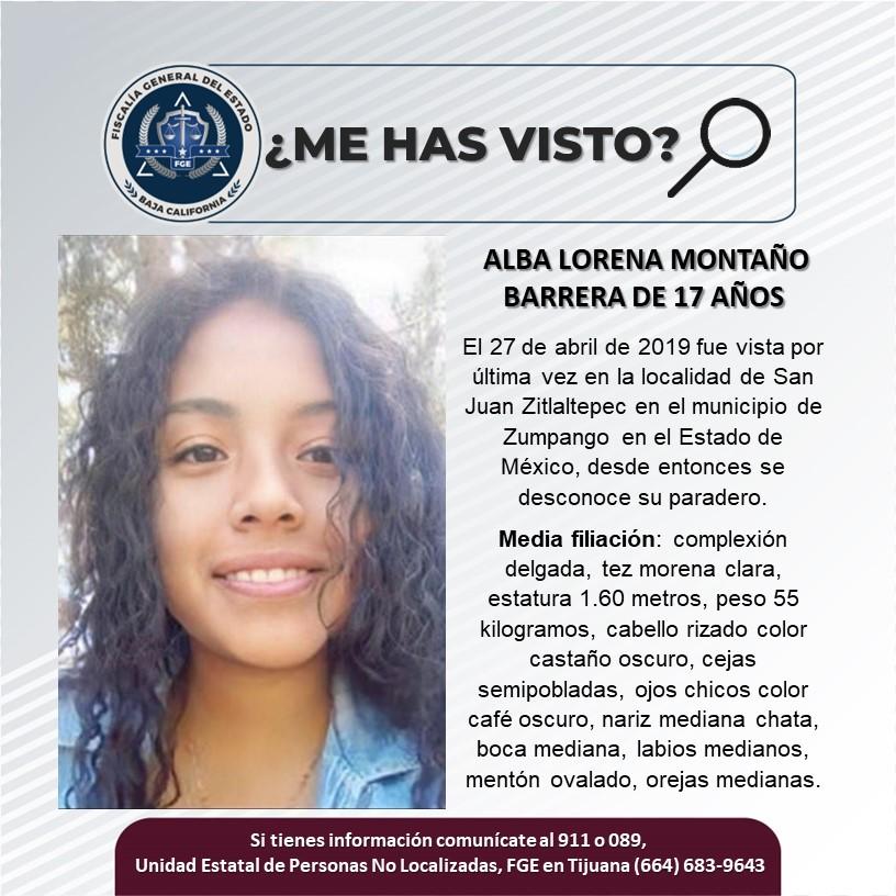 Servicio social: Se busca a Alba Lorena Montaño Barrera de 17 años de edad