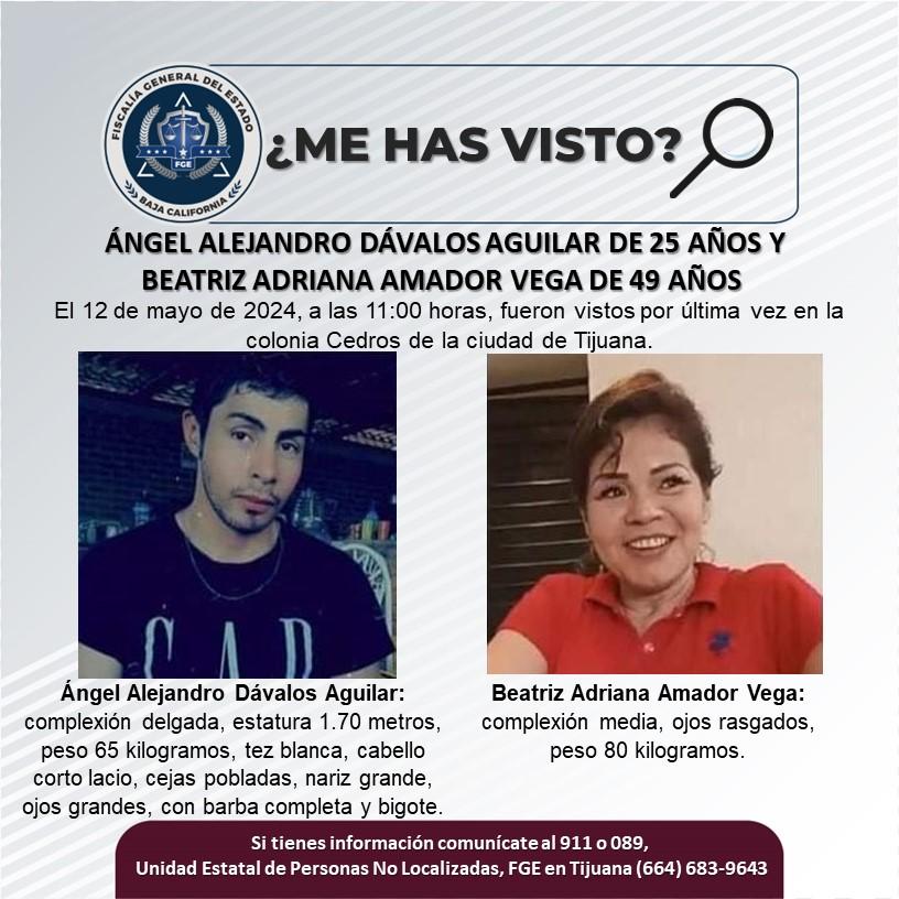 Ángel Alejandro Dávalos Aguilar de 25 años y Beatriz Adriana Amador Vega de 49 años de edad