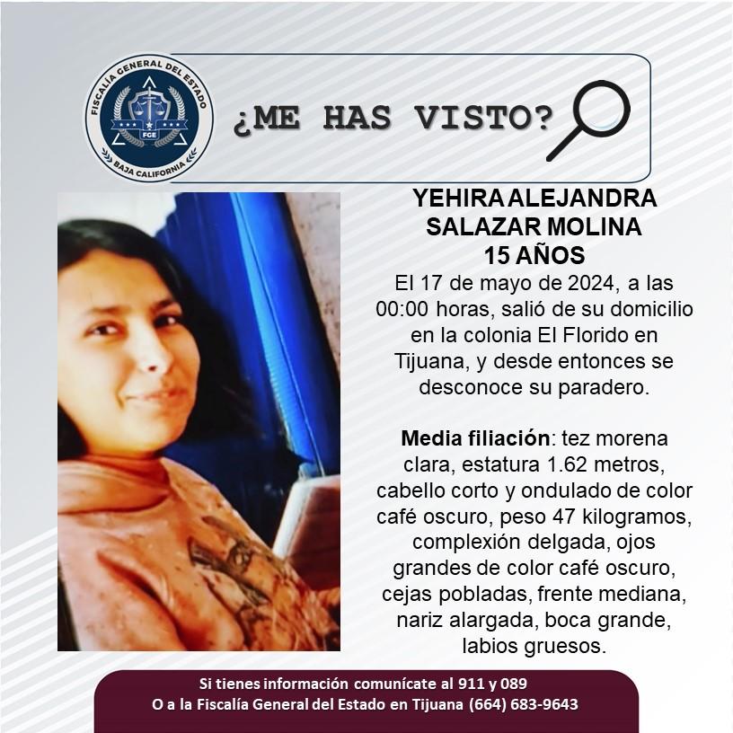 Servicio social: Se busca a Yehira Alejandra Salazar Molina de 15 años de edad