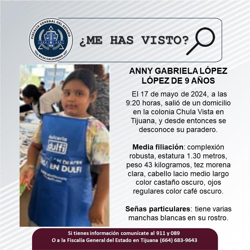 Servicio social: Se busca a Anny Gabriela López López de 9 años de edad