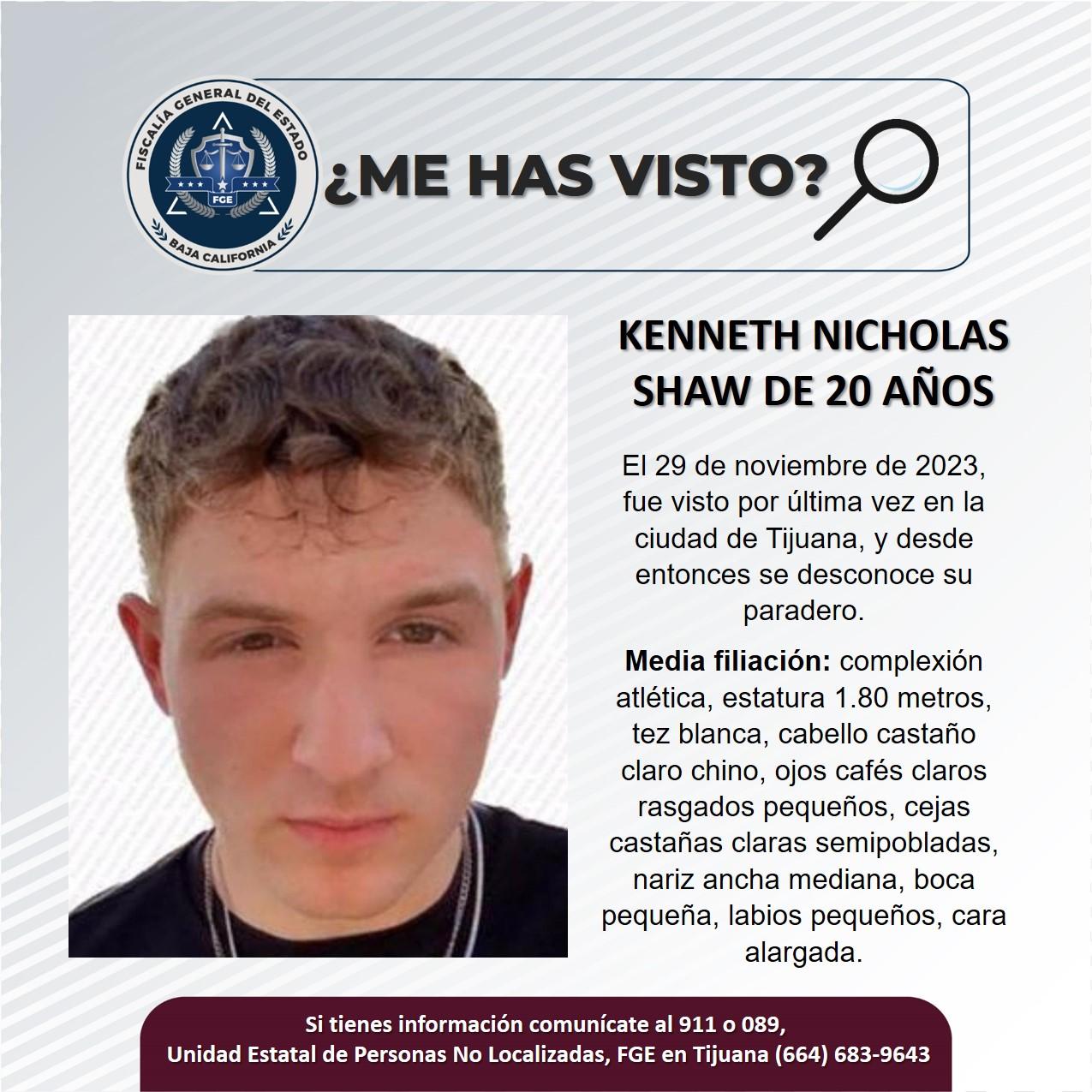 Servicio social: Se busca a Kenneth Nicholas Shaw de 20 años de edad