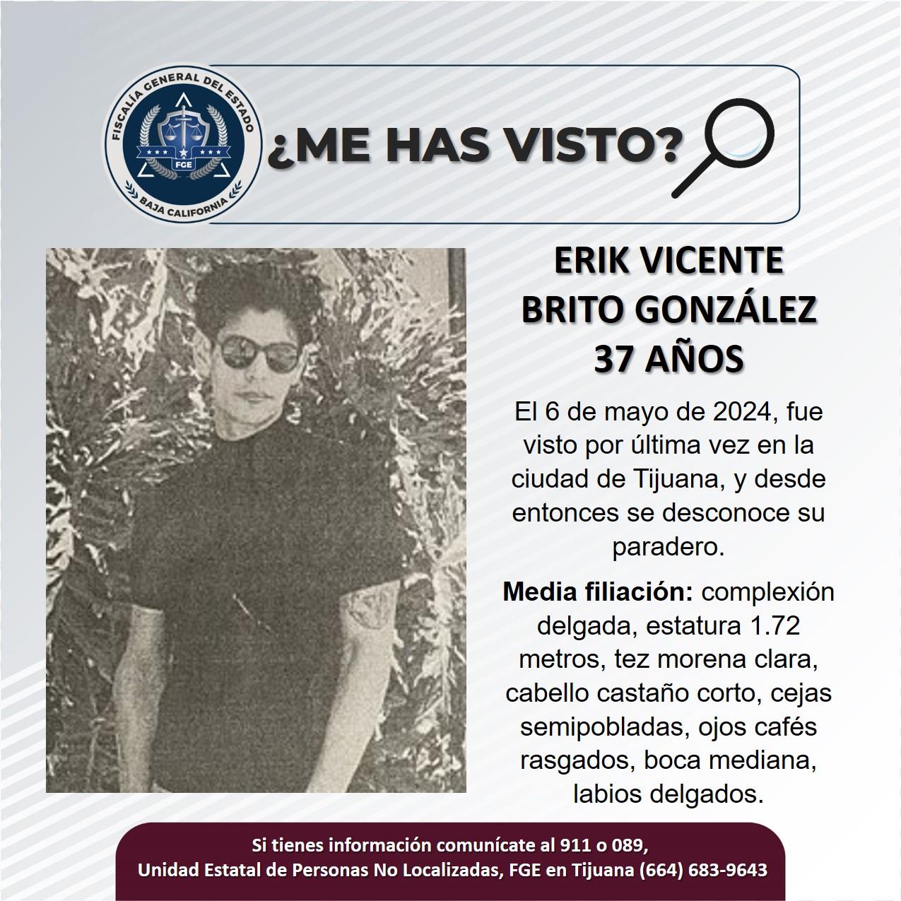 Servicio social: Se busca a Erik Vicente Brito González de 37 años de edad