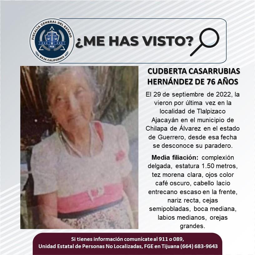 Servicio social: Se busca a Cudberta Casarrubias Hernández de 76 años de edad