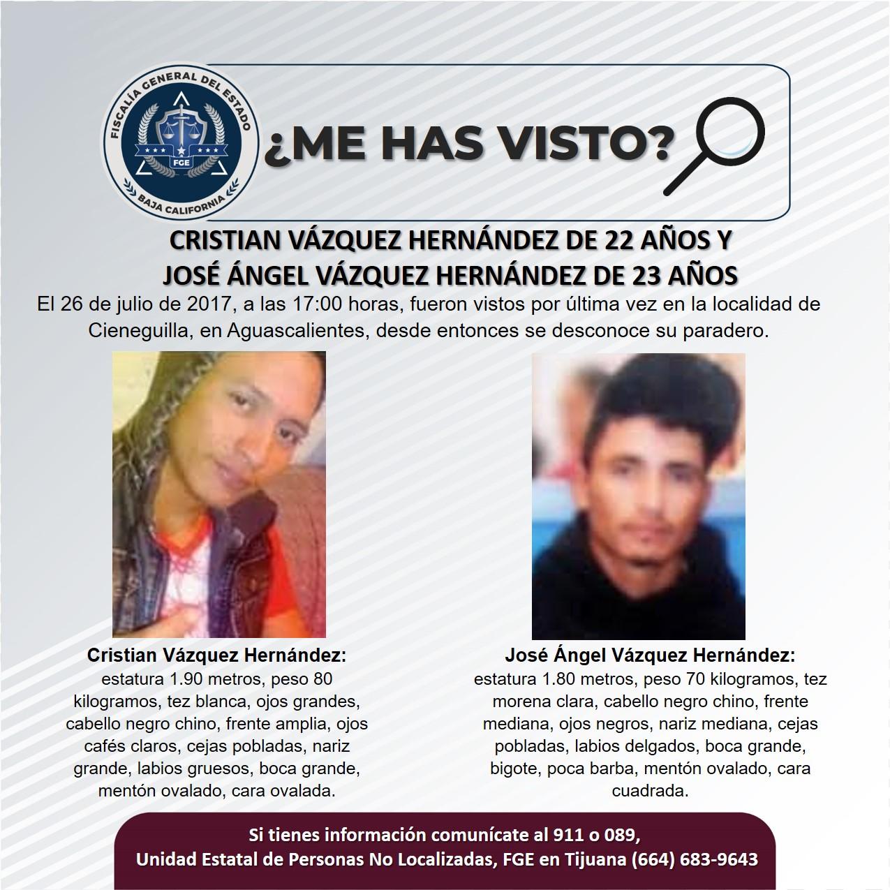 Servicio social: Se busca Cristian Vázquez Hernández de 22 años y José Ángel Vázquez Hernández de 23 años de edad