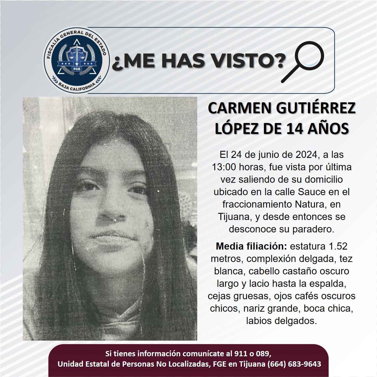Servicio social: Se busca a Carmen Gutiérrez López de 14 años de edad