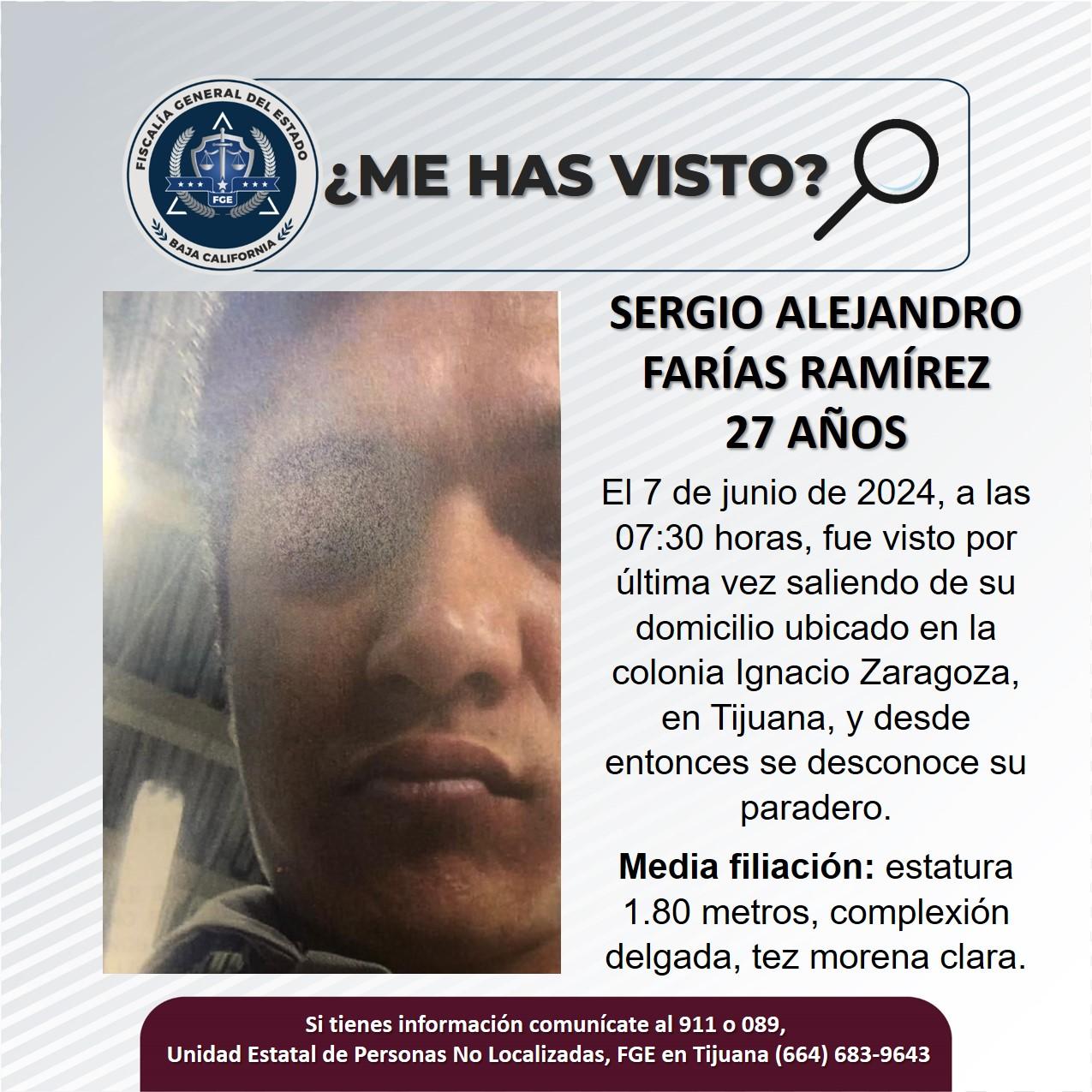Servicio social: Se busca a Sergio Alejandro Farías Ramírez de 27 años de edad