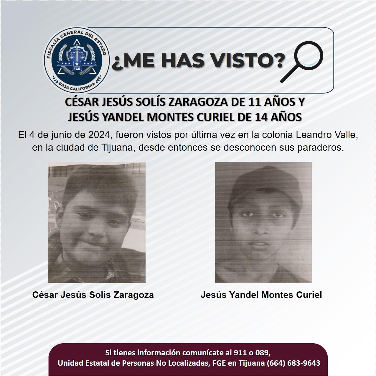 Servicio social: Se buscan a César Jesús Solís Zaragoza de 11 años y Jesús Yandel Montes Curiel de 14 años de edad