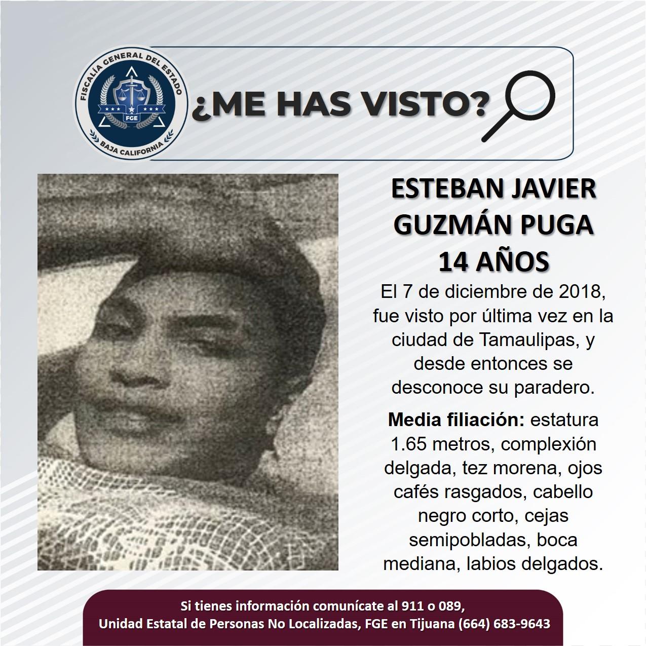 Servicio social: Se busca a Esteban Javier Guzmán Puga de 14 años de edad