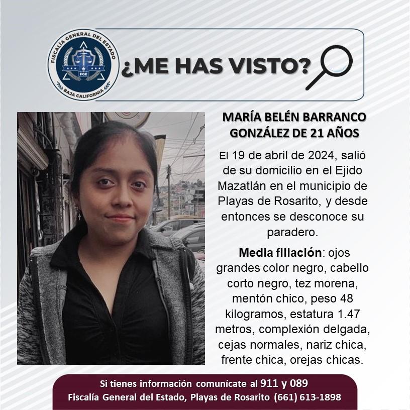 Servicio social: Se busca a María Belén Barranco González de 21 años de edad