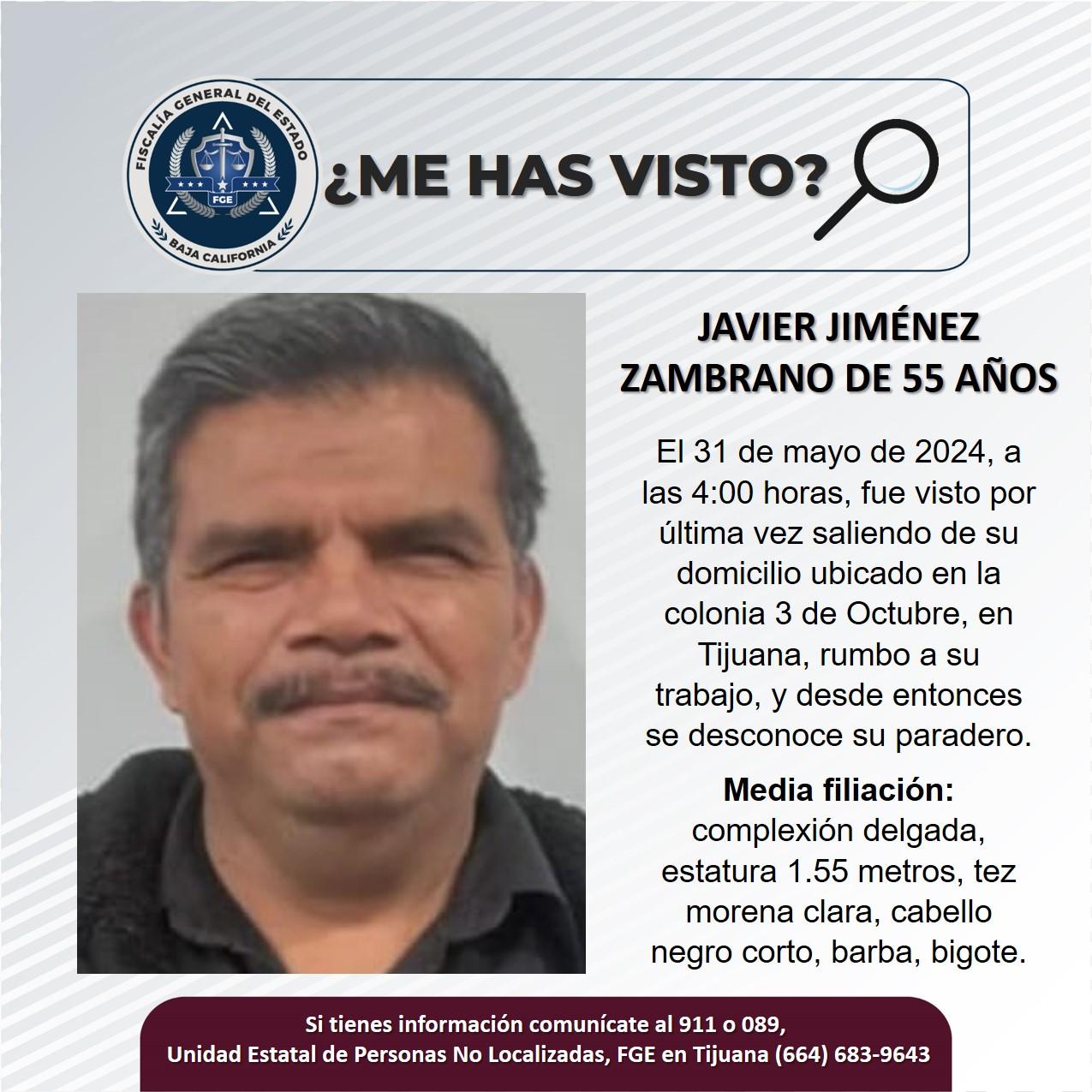 Servicio social: Se busca a Javier Jiménez Zambrano de 55 años de edad