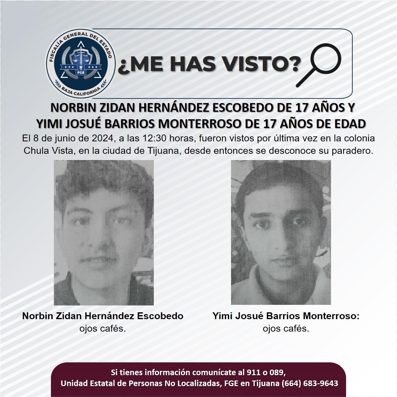 Servicio social: Se buscan a Norbin Zidan Hernández Escobedo de 17 años y Yimi Josué Barrios Monterroso de 17 años de edad