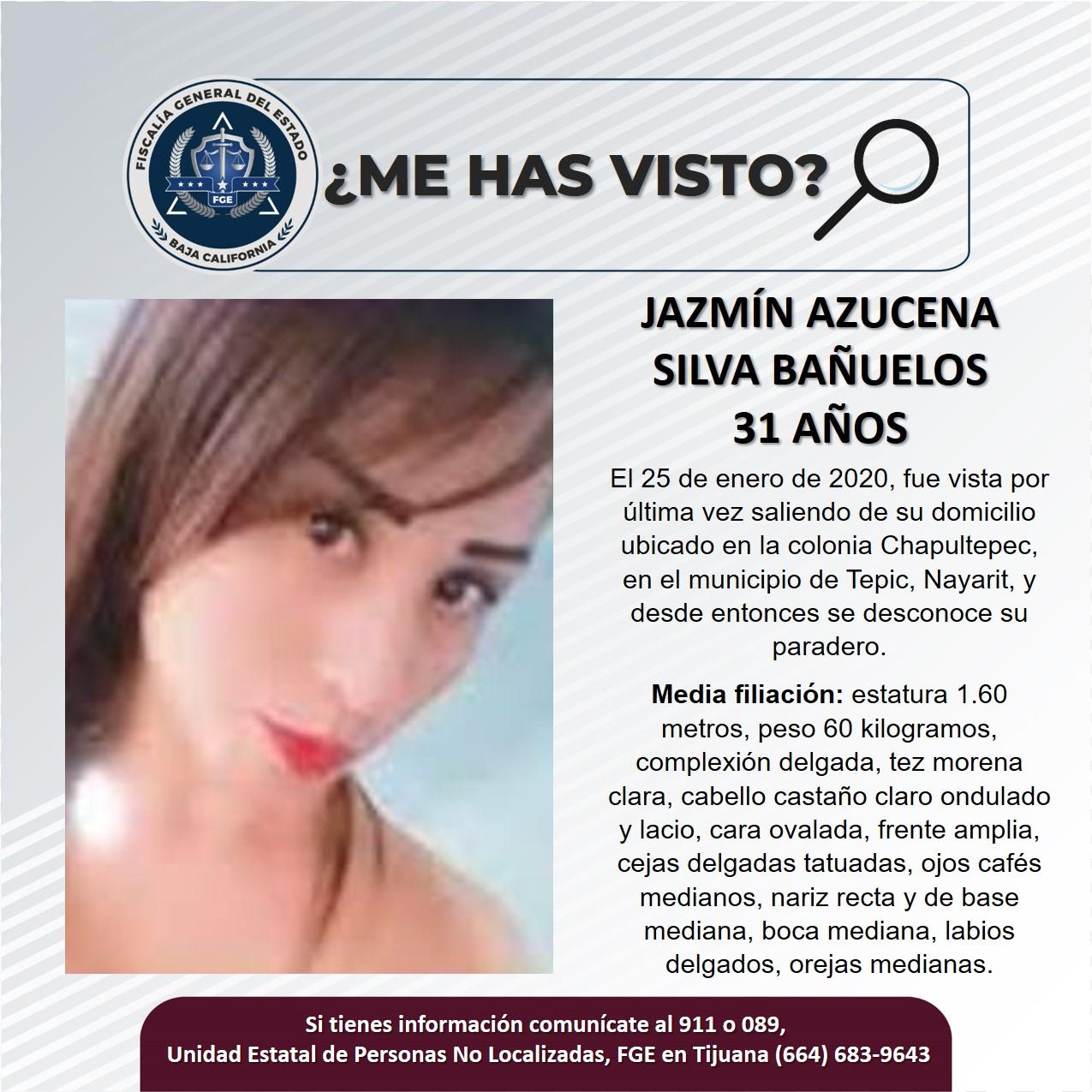 Servicio social: Se busca a Jazmín Azucena Silva Bañuelos de 31 años de edad