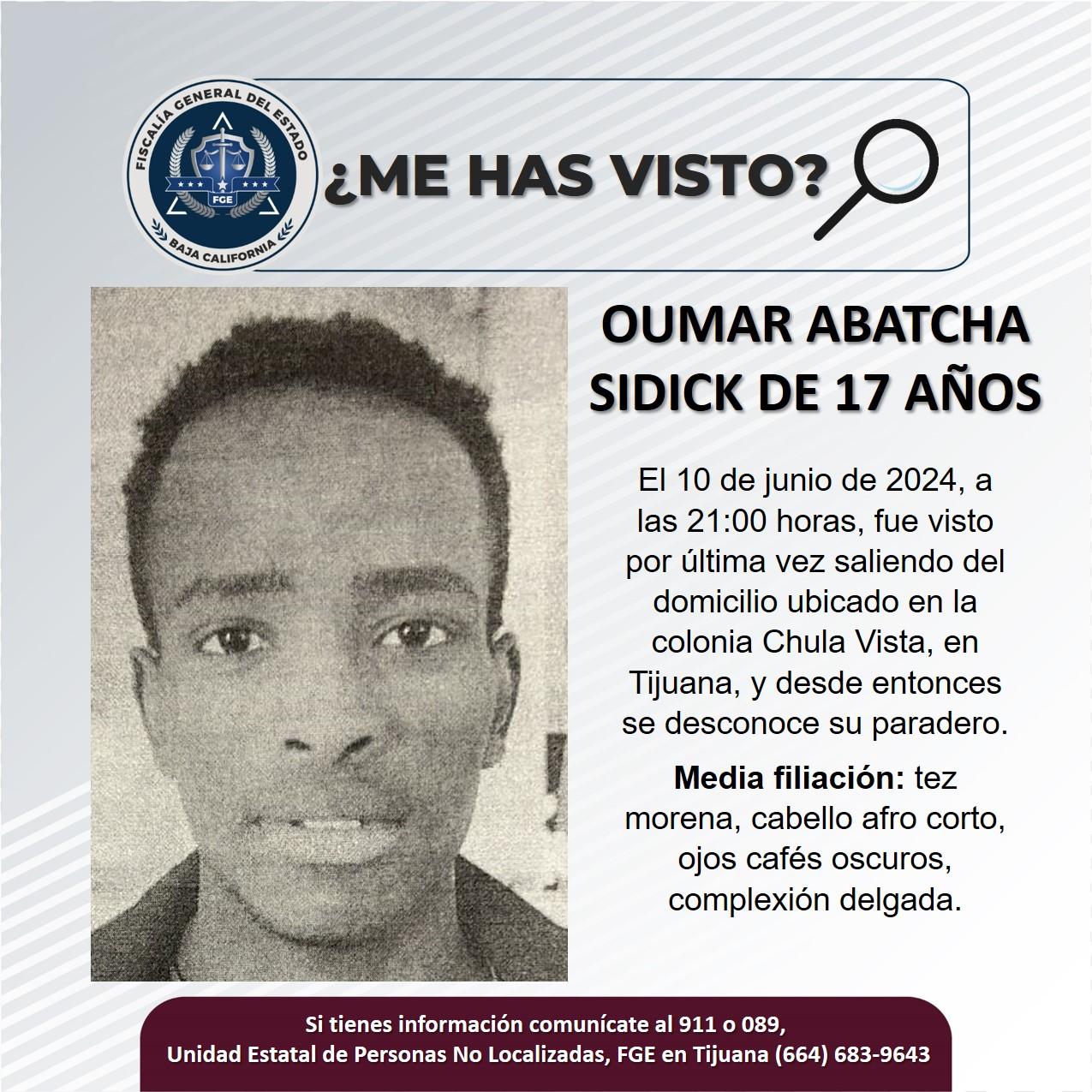 Servicio social: Se busca a Oumar Abatcha Sidick de 17 años de edad