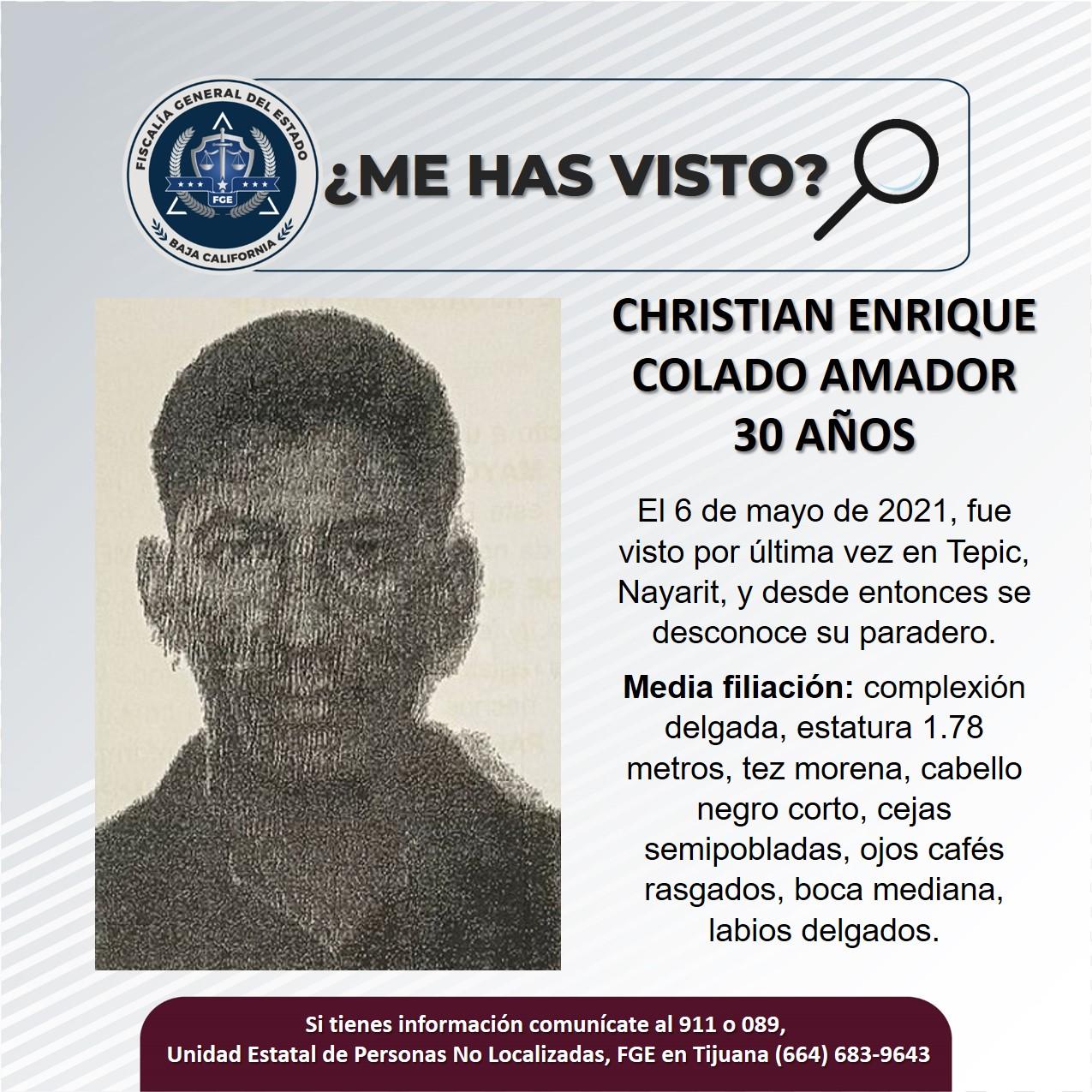 Servicio social: Se busca a Christian Enrique Colado Amador de 30 años de edad