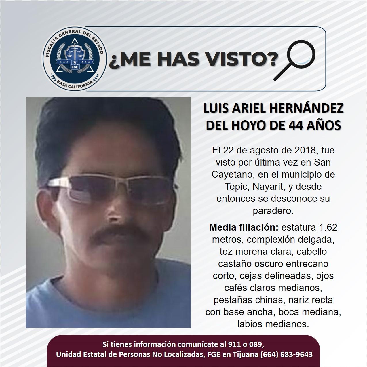Servicio social: Se busca a Luis Ariel Hernández del Hoyo de 44 años de edad