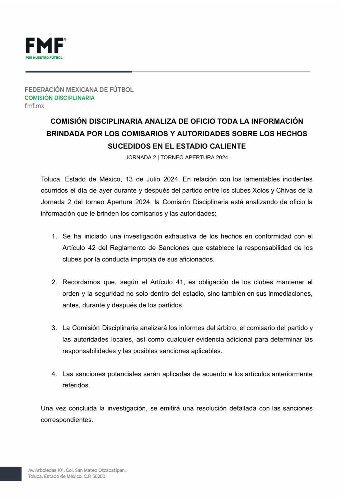 Seguridad en los estadios es responsabilidad de los clubes: FMF