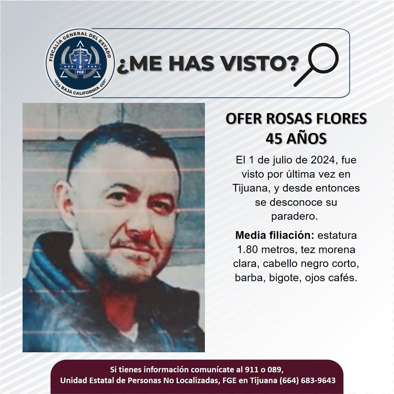 Servicio social: Se busca a Ofer Rosas Flores de 45 años de edad