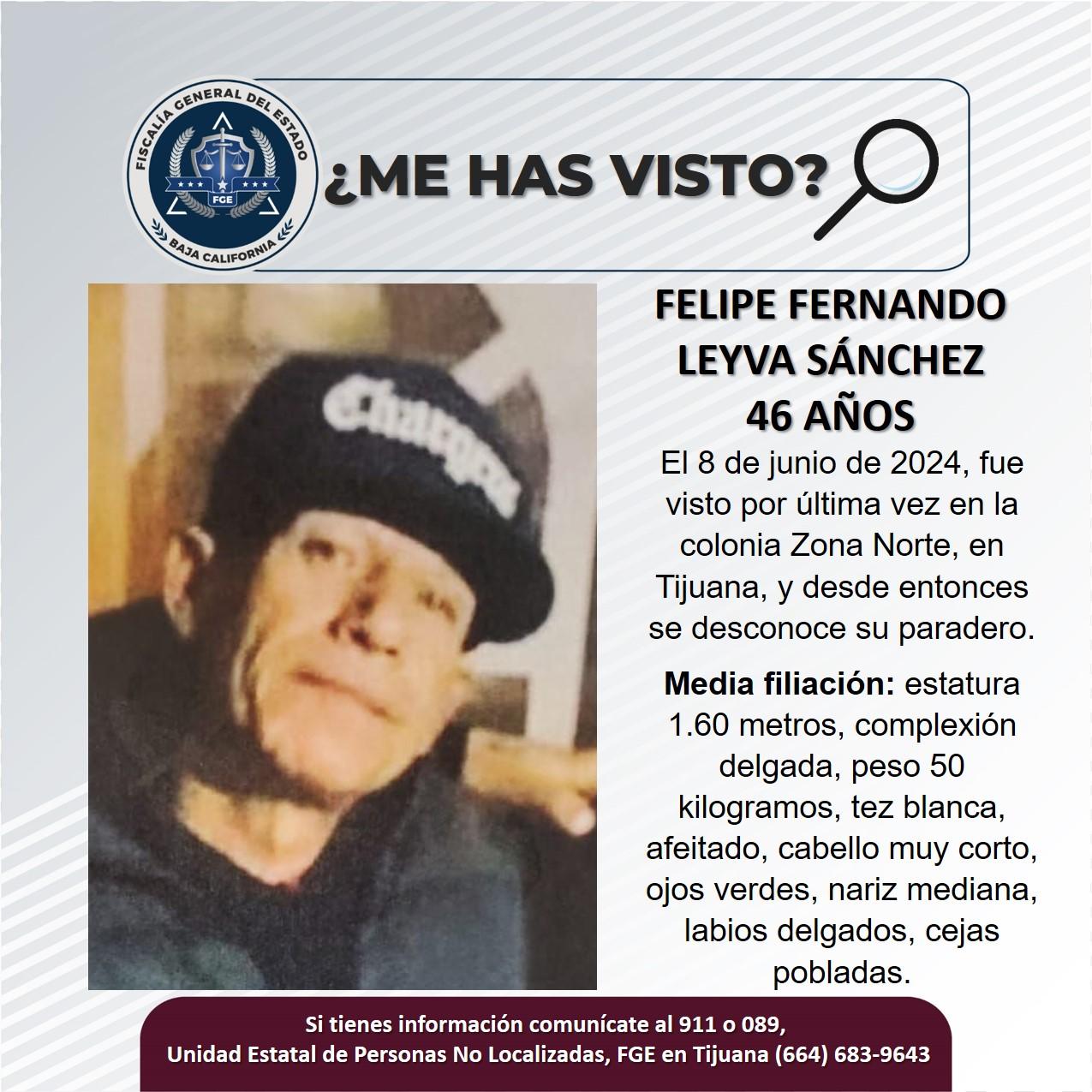 Servicio social: Se busca a Felipe Fernando Leyva Sánchez de 46 años de edad