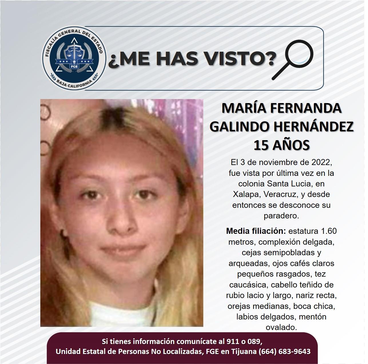 Servicio social: Se busca a María Fernanda Galindo Hernández de 15 años de edad