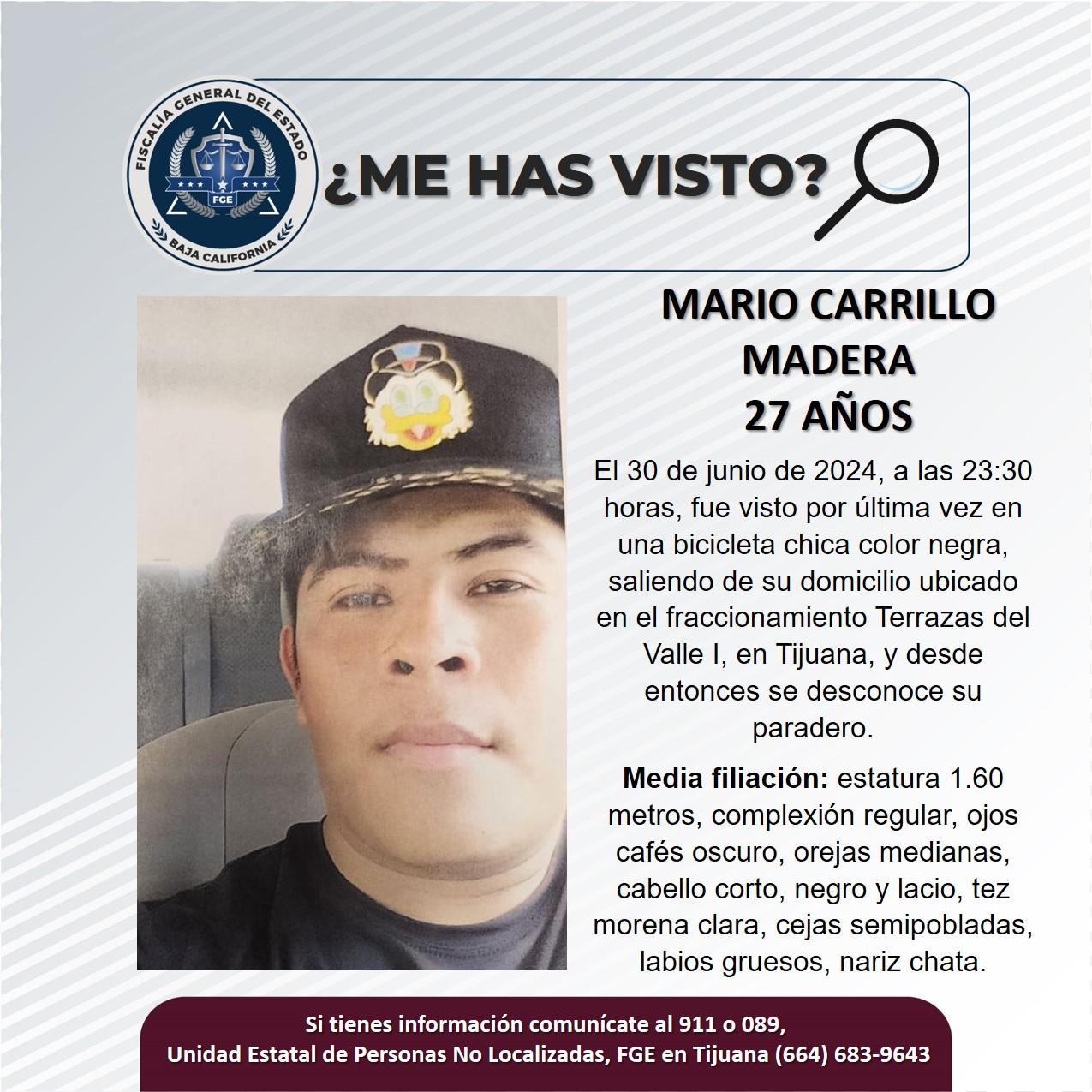 Servicio social: Se busca a Mario Carrillo Madera de 27 años de edad