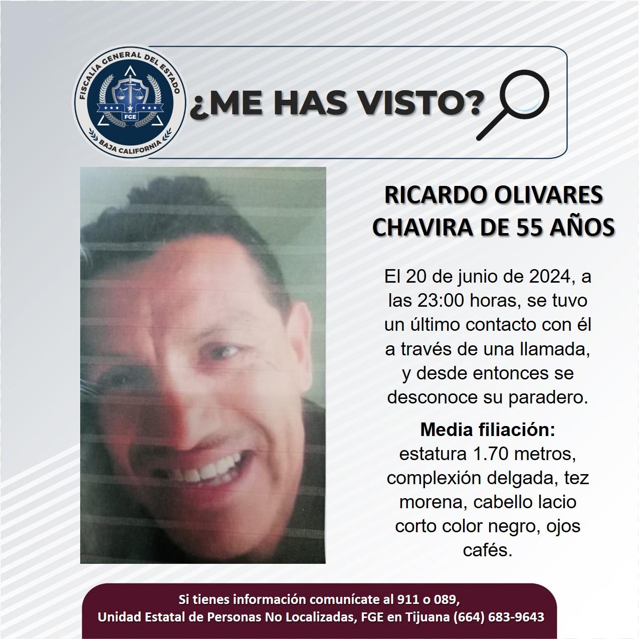 Servicio social: Se busca a Ricardo Olivares Chavira de 55 años de edad