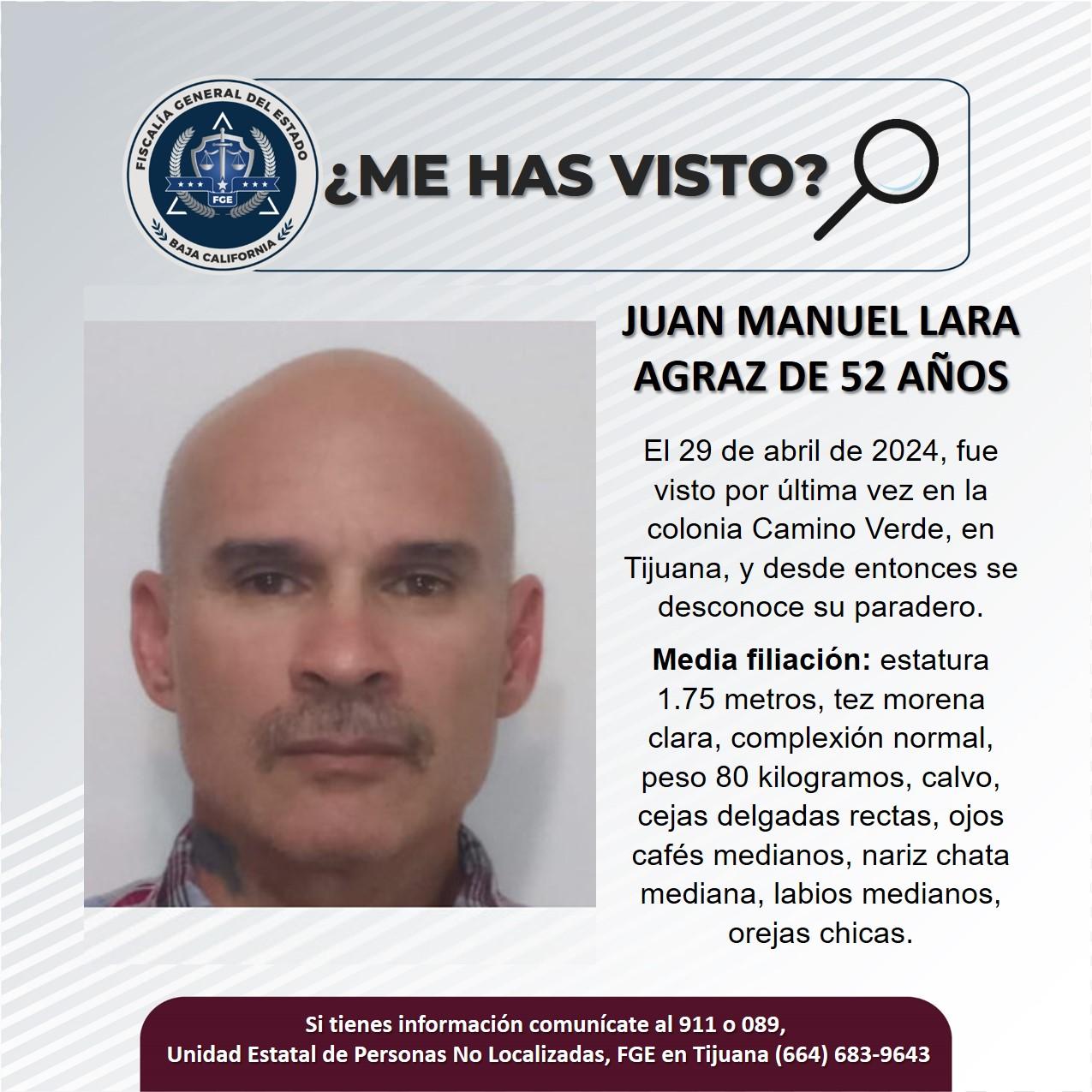 Servicio social: Se busca a Juan Manuel Lara Agraz de 52 años de edad