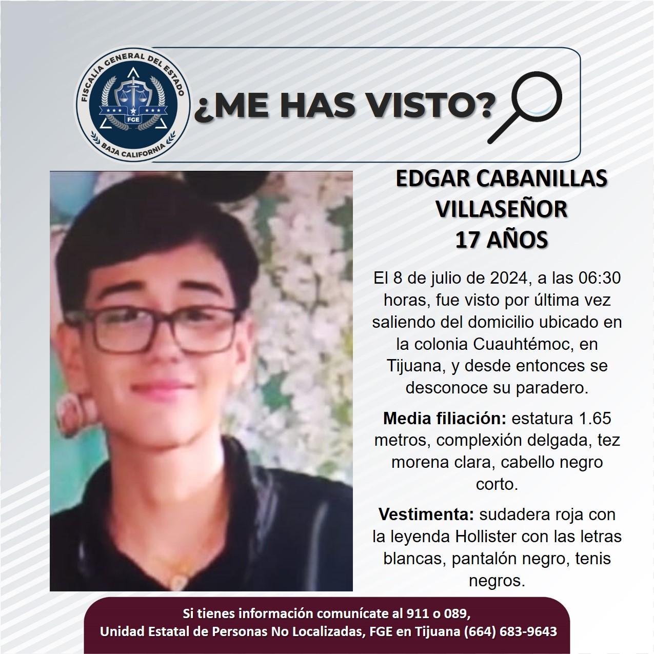 Servicio social: Se busca a Edgar Cabanillas Villaseñor de 17 años de edad