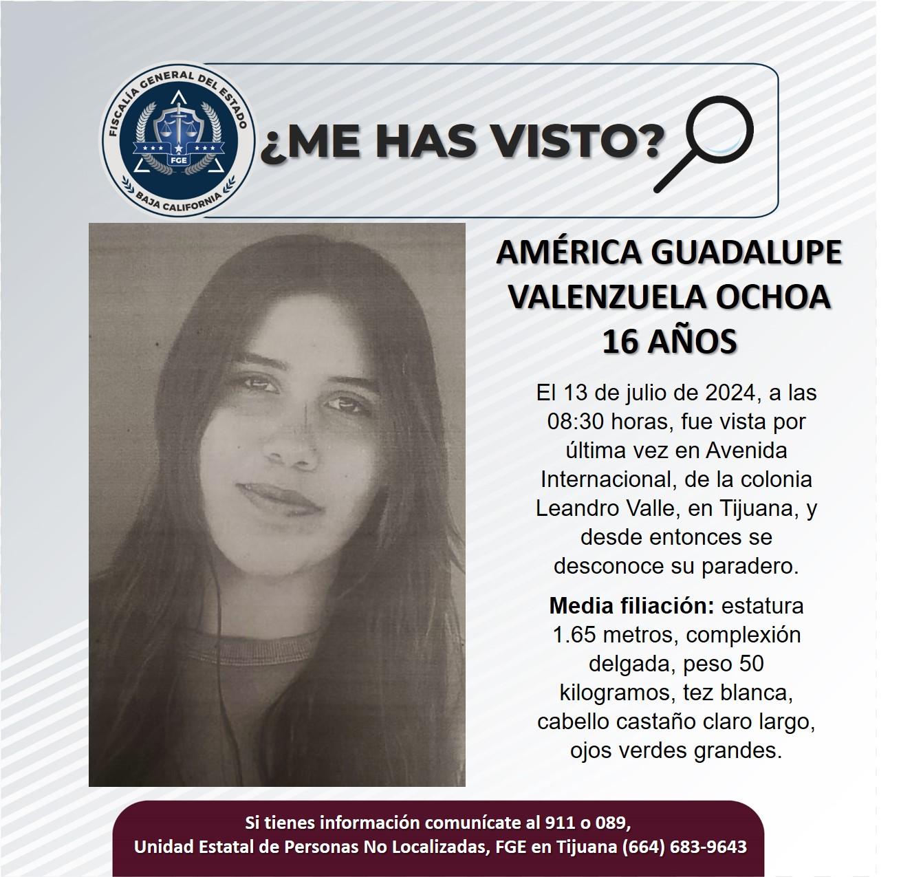 Servicio social: Se busca a América Guadalupe Valenzuela Ochoa de 16 años de edad