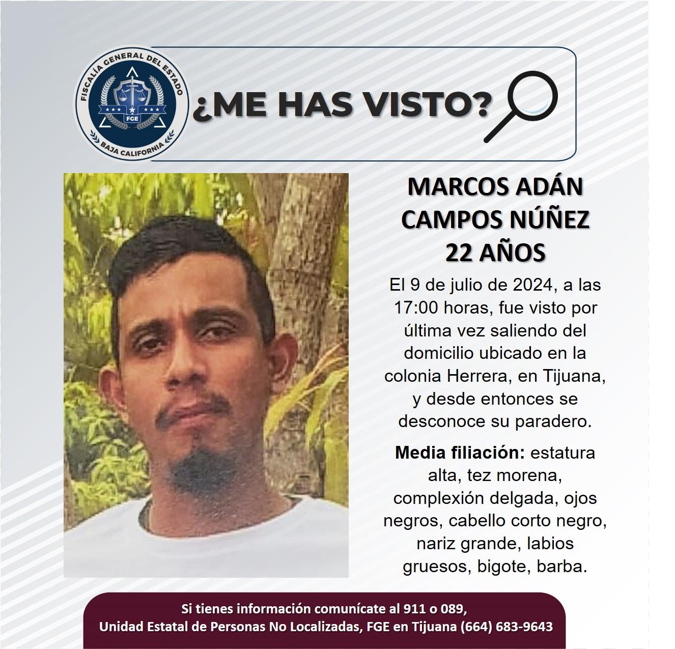 Servicio social: Se busca a Marcos Adán Campos Núñez de 22 años de edad