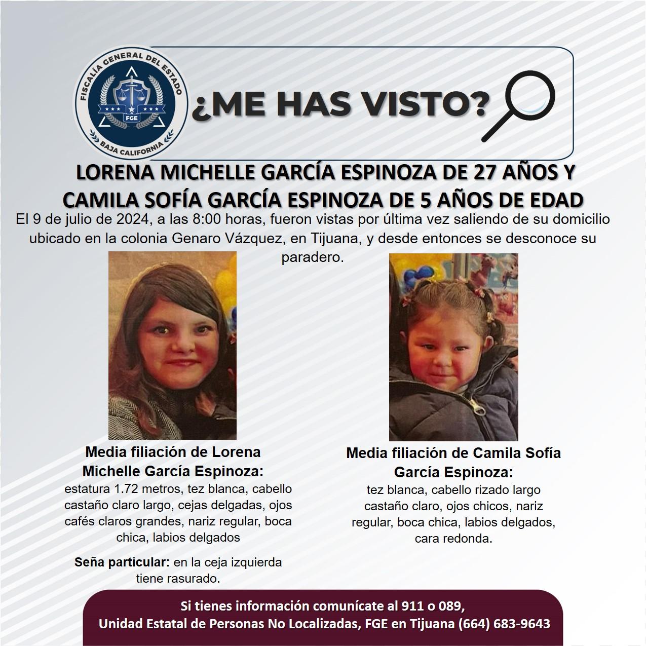 Servicio social: Se busca a Lorena Michelle García Espinoza de 27 años y Camila Sofía García Espinoza de 5 años de edad