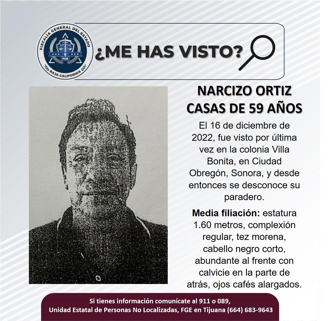 Servicio social: Se busca a Narcizo Ortiz Casas de 59 años de edad