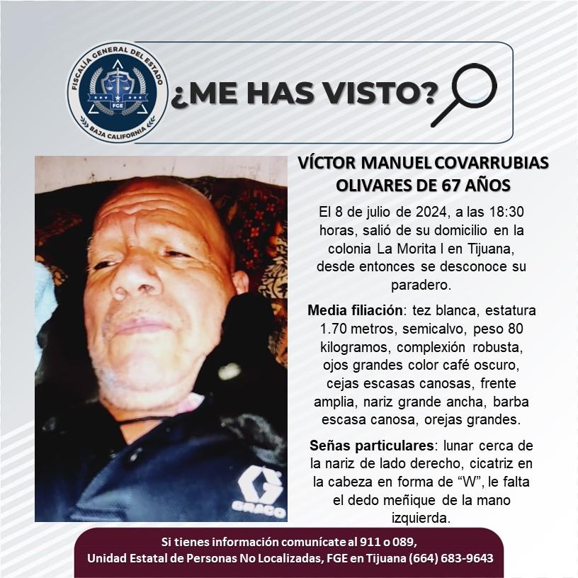 Servicio social: Se busca a Víctor Manuel Covarrubias Olivares de 67 años de edad