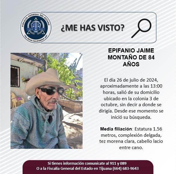 Servicio social: Se busca a Epifanio Jaime Montaño, de 84 años de edad