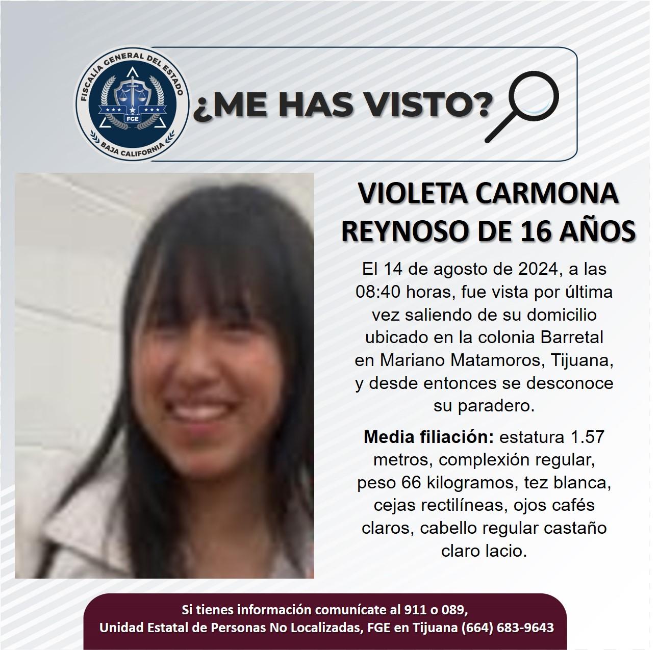 Servicio social: Se busca a Violeta Carmona Reynoso de 16 años de edad