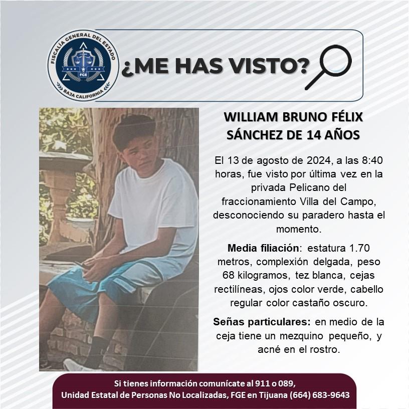 Servicio social: Se busca a William Bruno Félix Sánchez de 14 años de edad