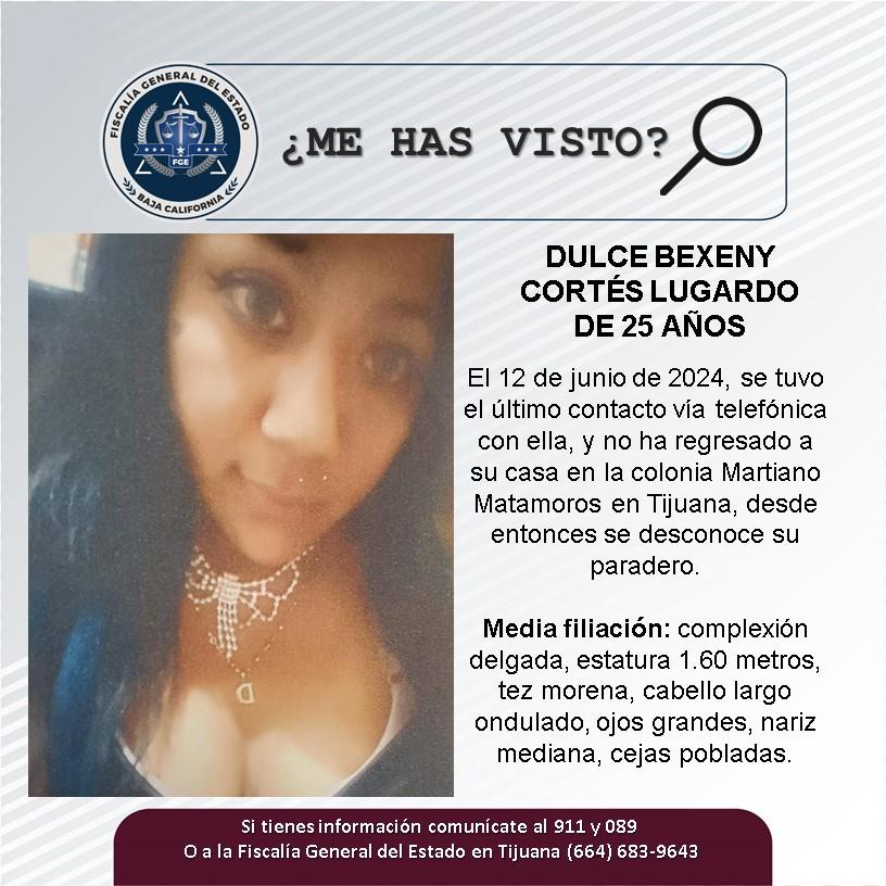 Servicio social: Se buscan a Dulce Bexeny Cortés Lugardo de 25 años de edad