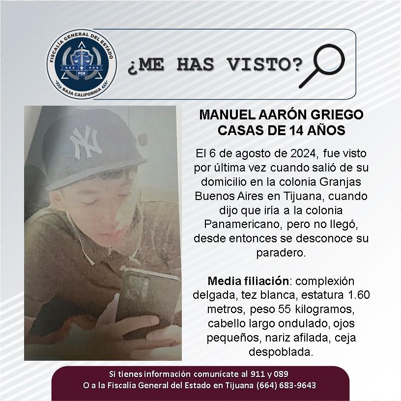 Servicio social: Se busca a Manuel Aarón Griego Casas de 14 años de edad