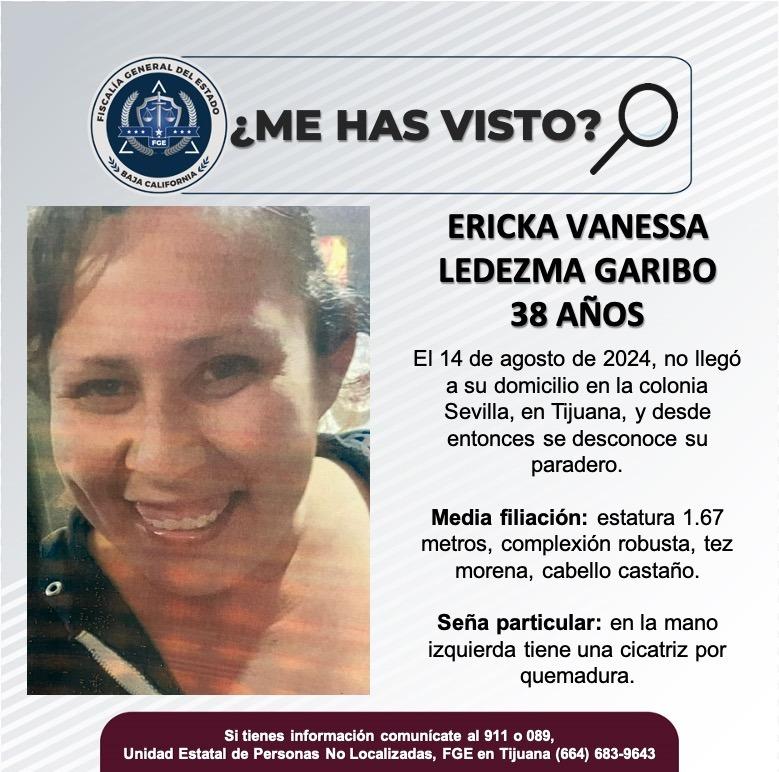 Servicio social: Se busca a Ericka Vanessa Ledezma Garibo de 38 años de edad