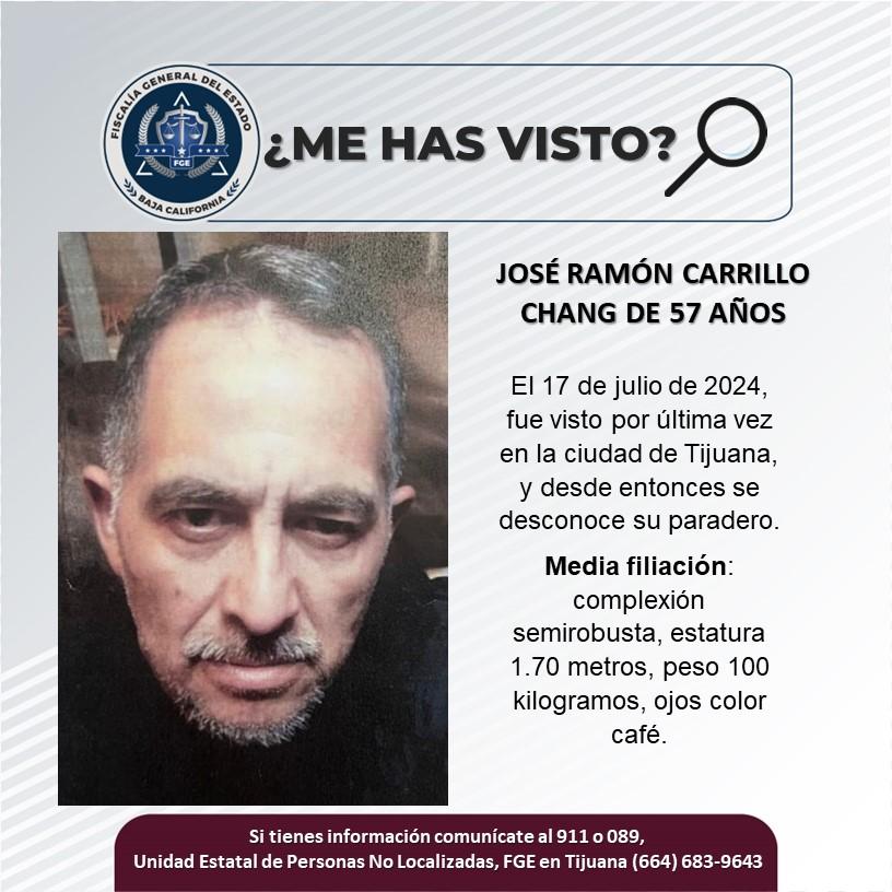 Servicio social: Se busca a José Ramón Carrillo Chang de 57 años de edad