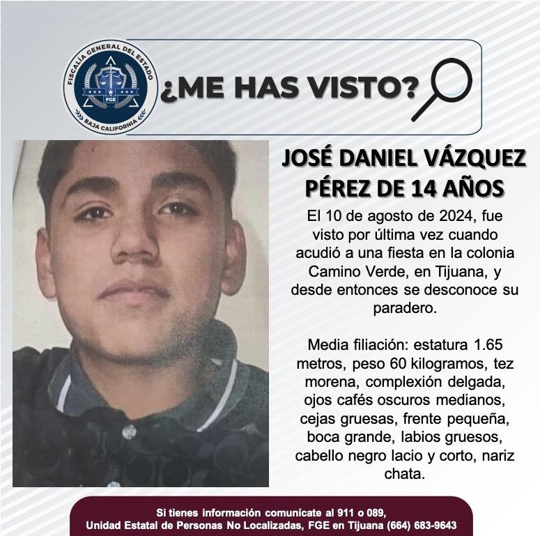 Servicio social: Se busca a José Daniel Vázquez Pérez de 14 años de edad