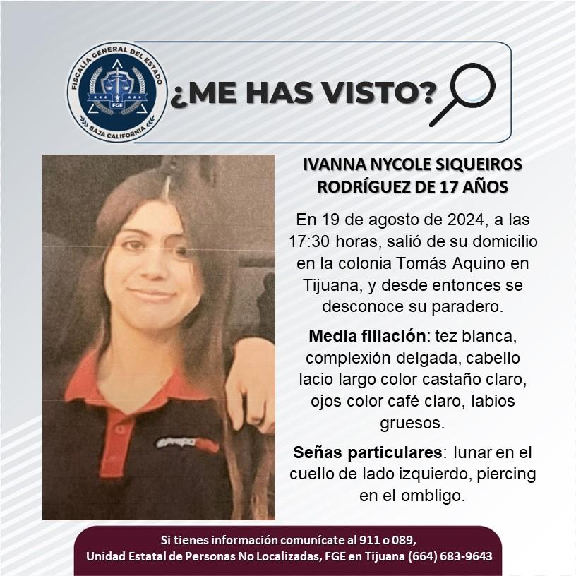 Servicio social: Se busca a Ivanna Nycole Siqueiros Rodríguez de 17 años de edad