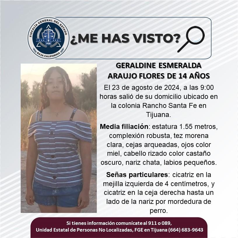 Servicio social: Se busca a Geraldine Esmeralda Araujo Flores de 14 años de edad