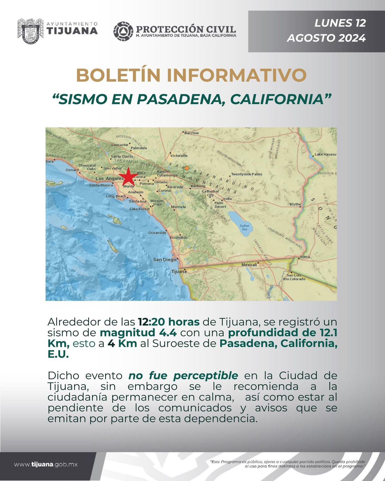 Sin afectaciones en Tijuana luego de sismo en Pasadena, California: Protección Civil Municipal