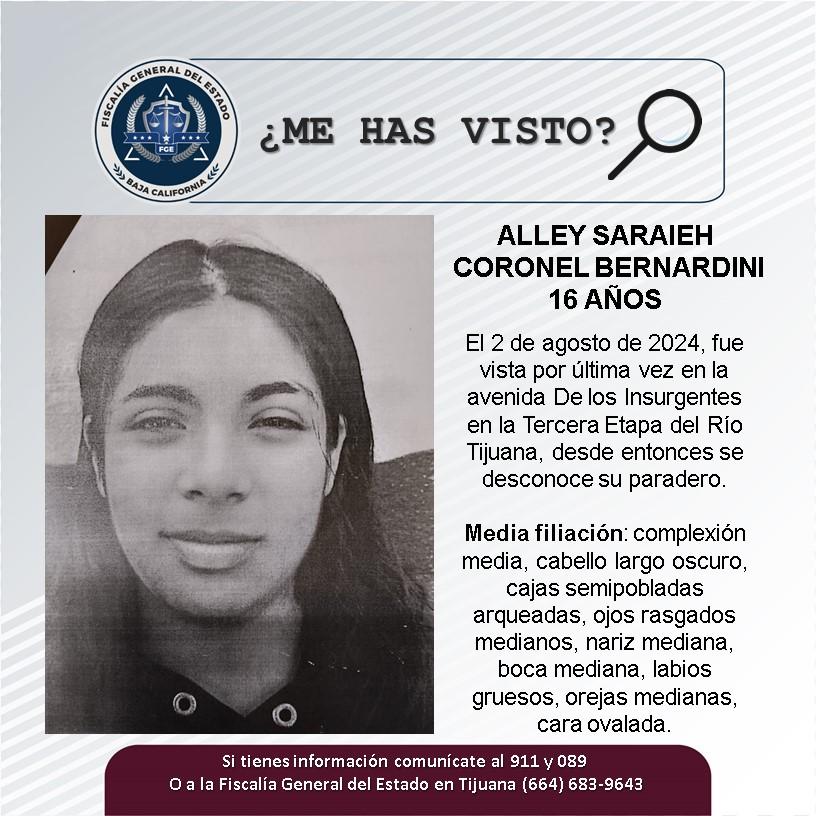 Servicio social: Se busca a Alley Saraieh Coronel Bernardini de 16 años