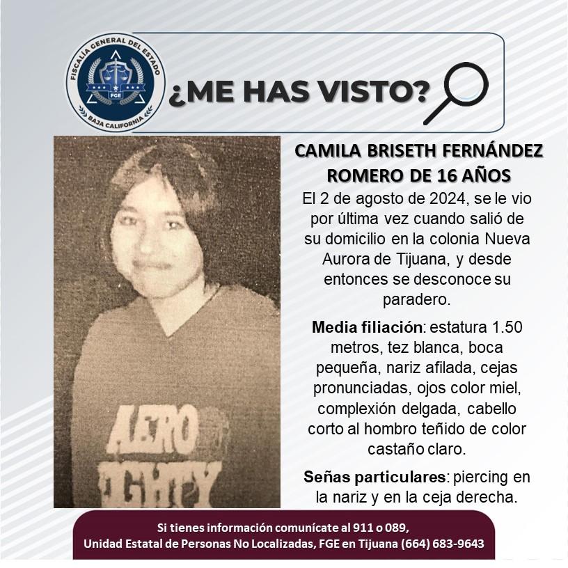 Servicio social: Se busca a Camila Briseth Fernández Romero de 16 años de edad