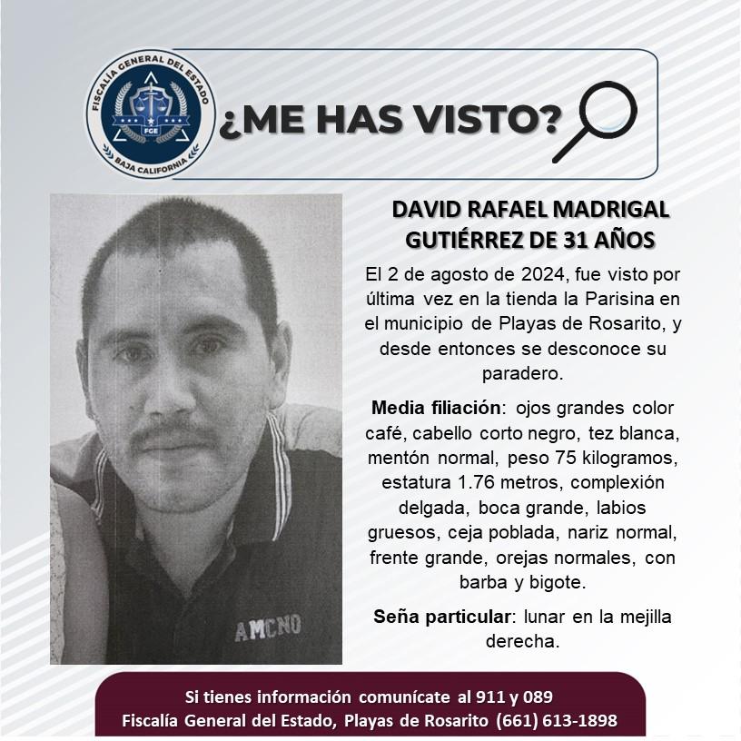 Servicio social: Se busca a David Rafael Madrigal Gutiérrez de 31 años de edad