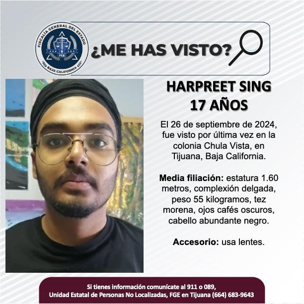 Servicio social: Se busca a Harpreet Sing de 17 años de edad